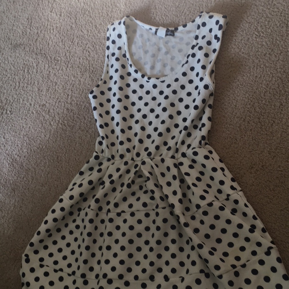 white dress with navy blue polka dots